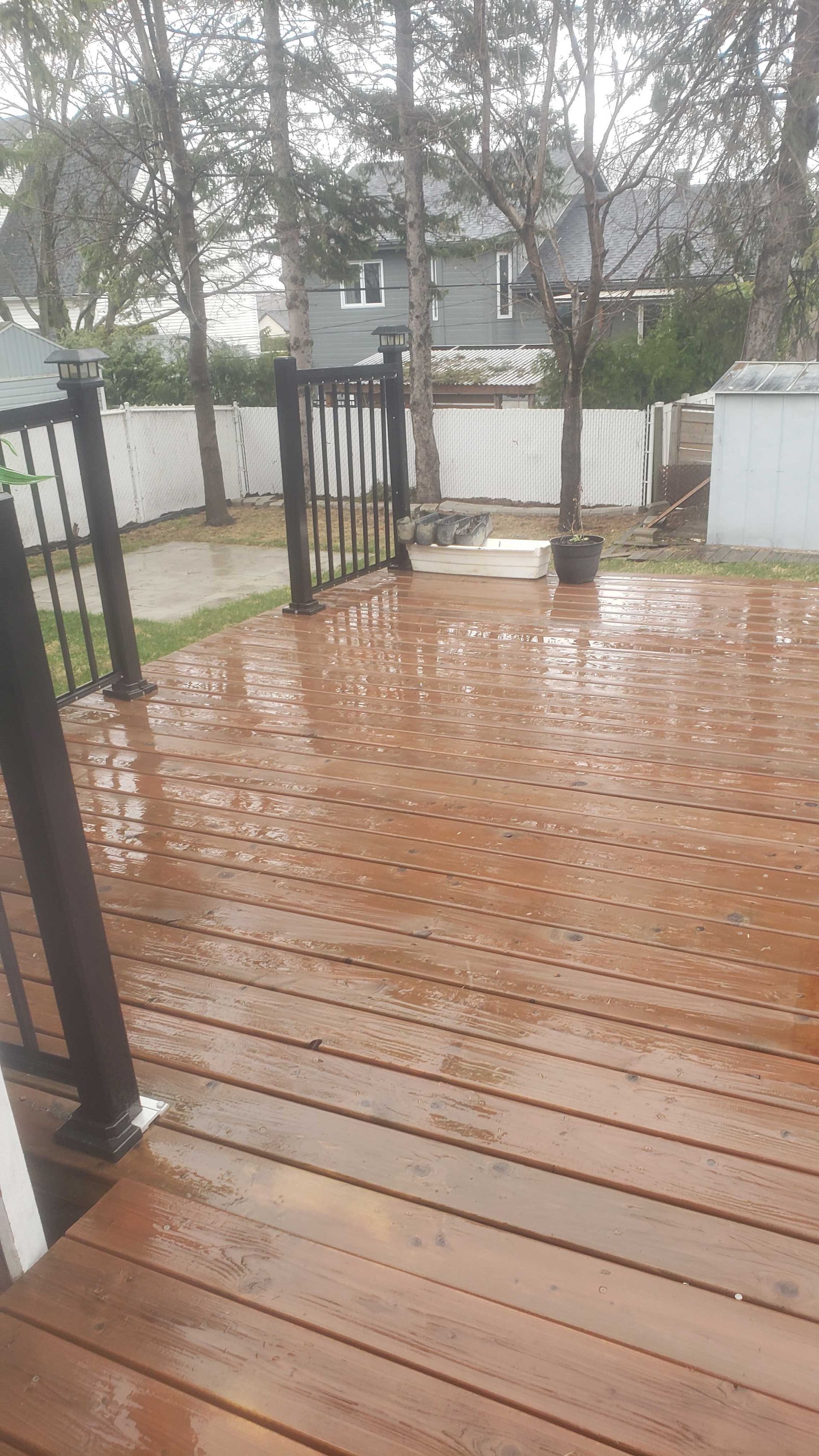 Terrasse en bois ruisselante de pluie, avec rambarde noire et plante en pot, donnant sur un jardin clôturé et arboré.