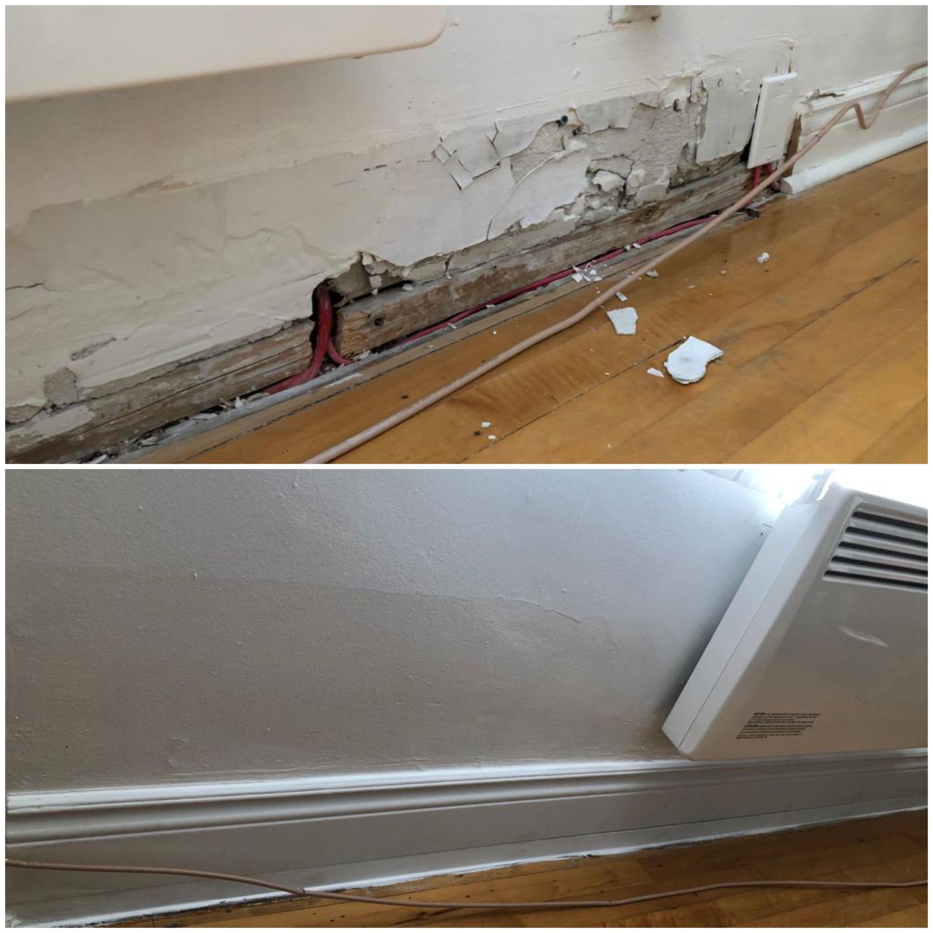 Plinthe endommagée avec câblage apparent et plâtre qui s'écaille ; radiateur mural et parquet à proximité.