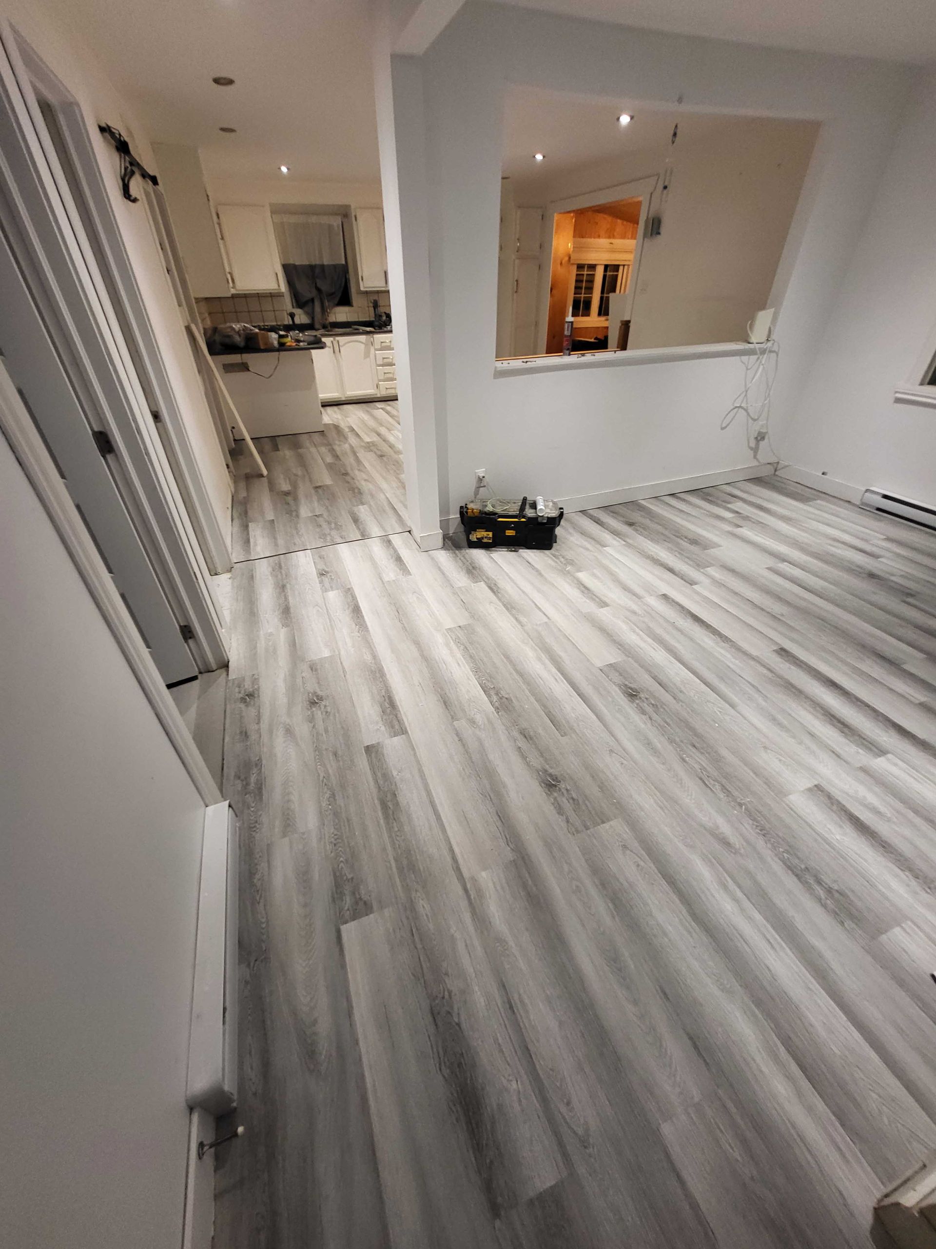 Intérieur d'un appartement moderne vide, avec parquet clair, murs blancs et vue sur la cuisine.