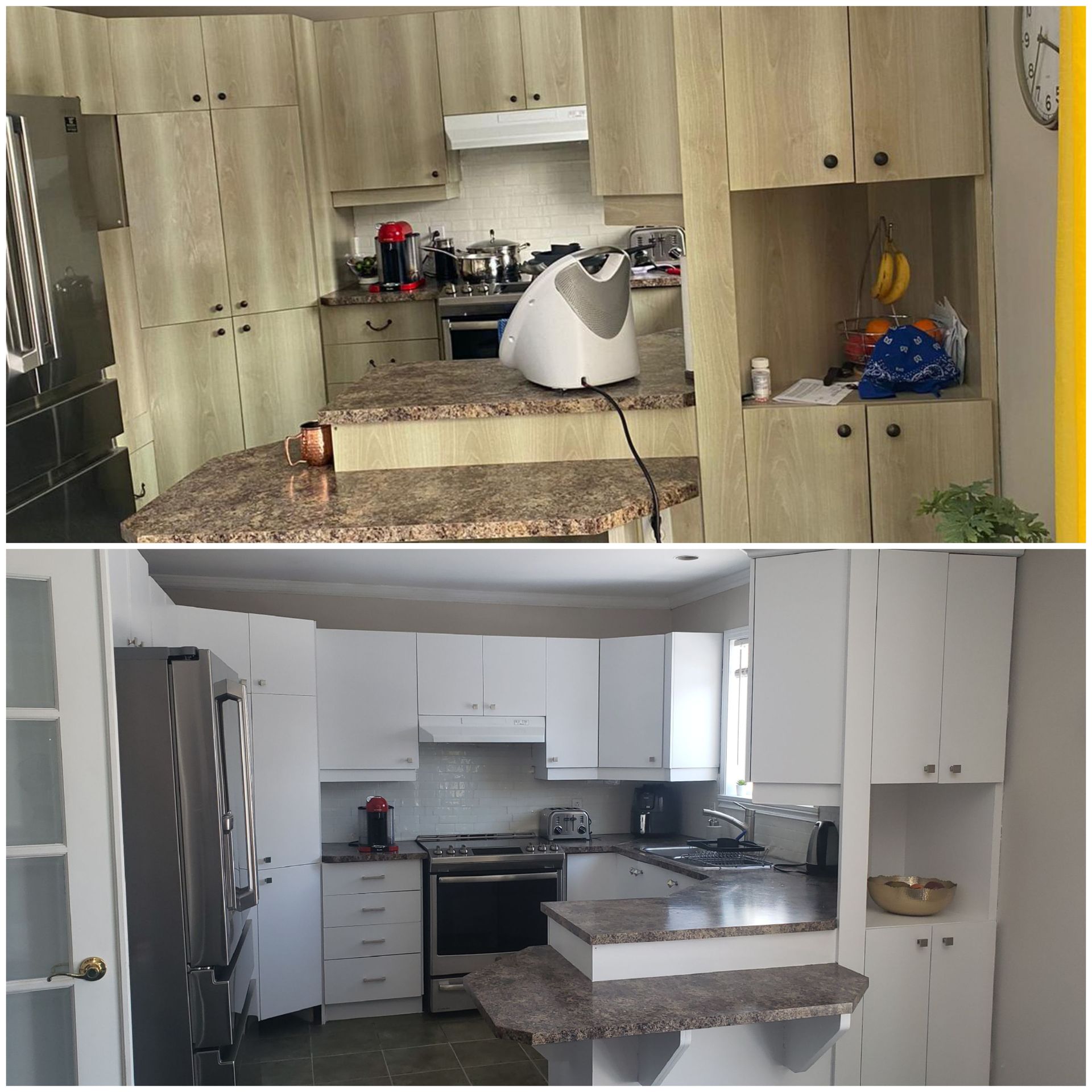 Avant et après la rénovation de la cuisine : armoires en bois et encombrement en haut, armoires blanches et îlot en granit en bas.