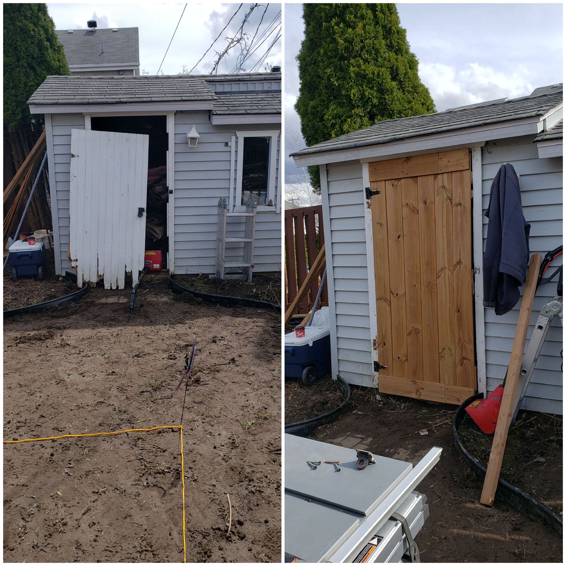 Petit cabanon blanc dont la porte est en cours de réparation, présenté avant et après la pose d'une nouvelle porte en bois.