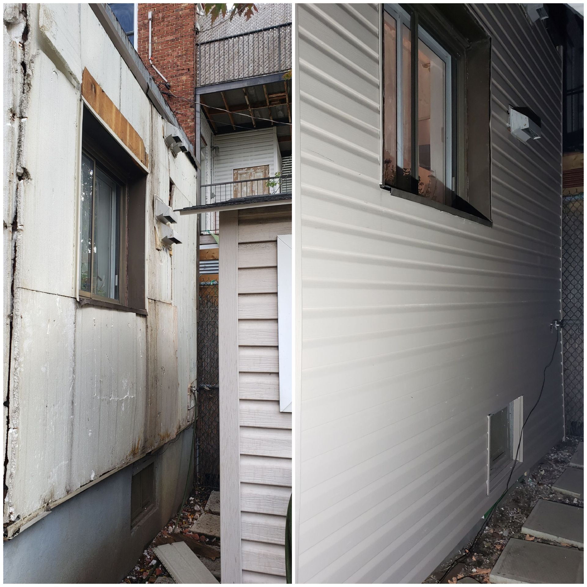Ruelle étroite entre des immeubles aux façades blanches et grises, avec des fenêtres et un petit balcon au-dessus.