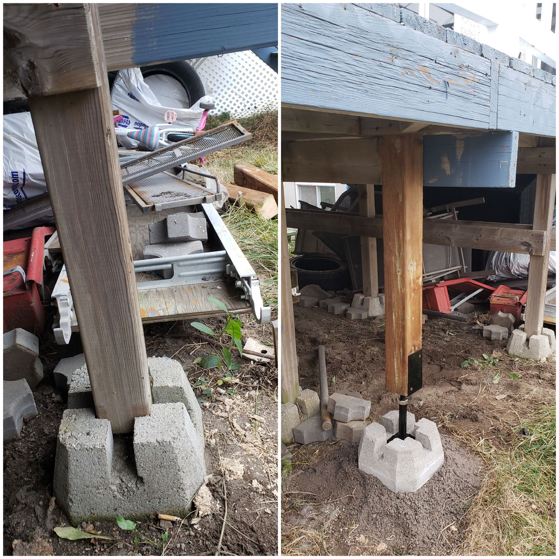 Poteaux de soutien de terrasse surélevés avec fondations en béton et un petit escalier sous la terrasse de la maison