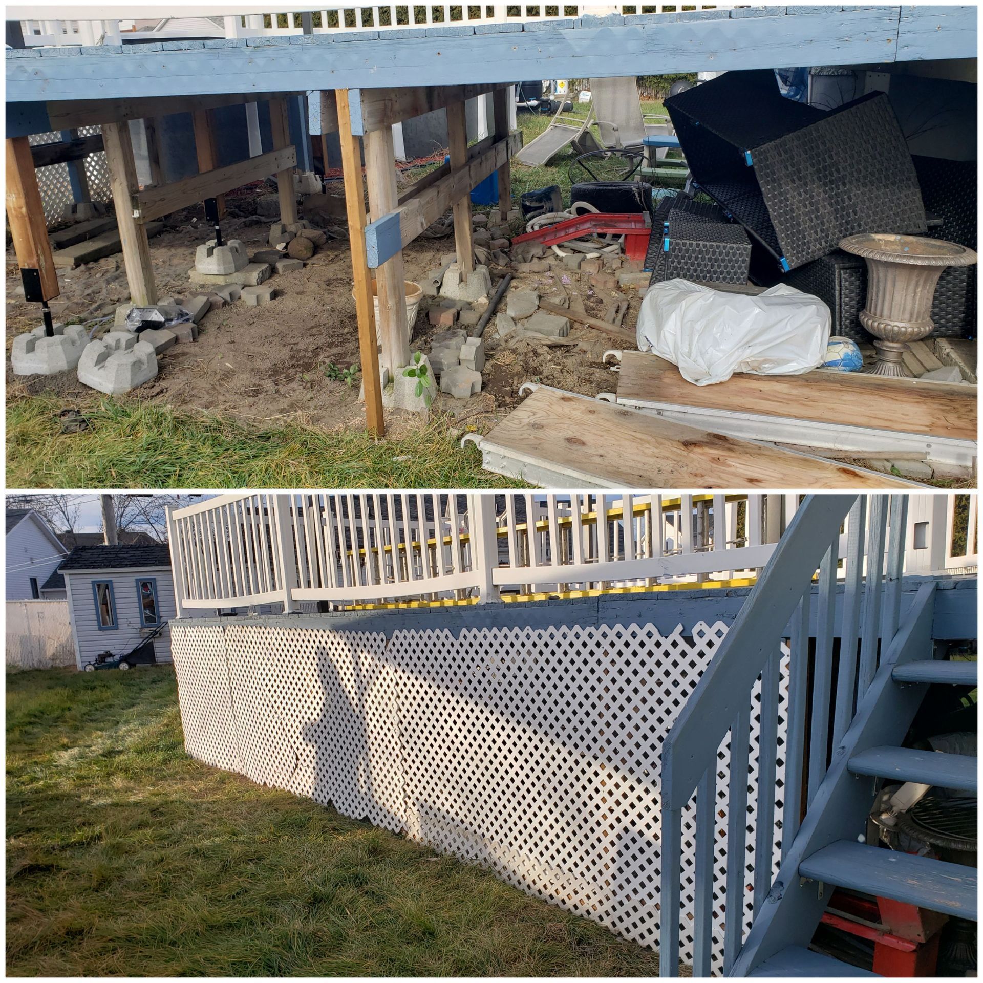 Terrasse effondrée et débris sous un porche surélevé, avec plinthe en treillis blanc et escalier sur la droite.