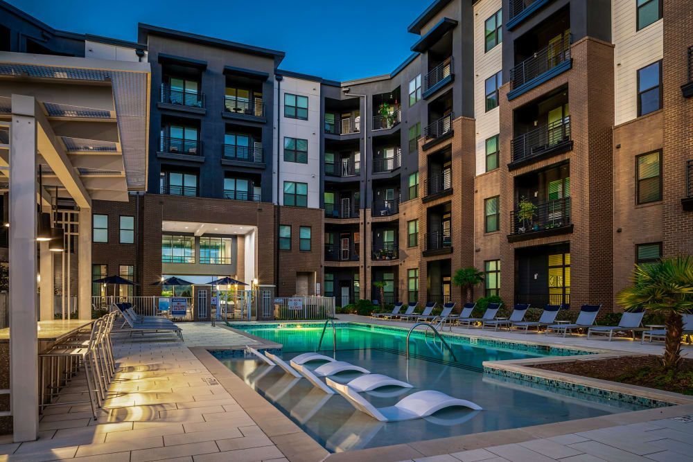 Swimming pool at night at Marq at Crabtree in Raleigh, NC.
