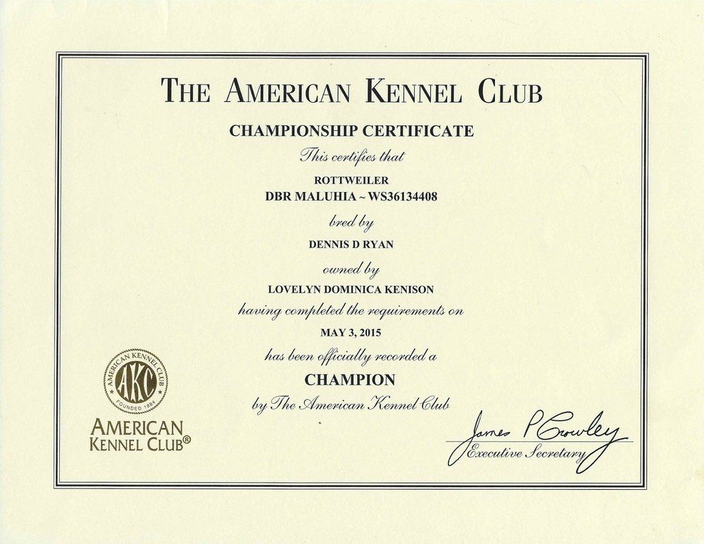 Certificate — Kailua, HI — Von Lotus Haus Dogs