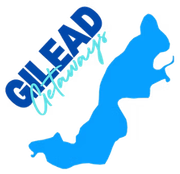 Logo for Gilead Getaways, featuring blue lake shape and text.