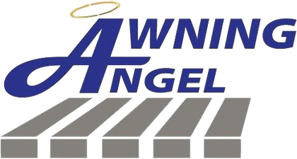 Logo for Awning Angel, blue and white text with a halo above the blue 