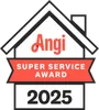 Angi Super Service Award 2025 badge with house outline in red, black, and white