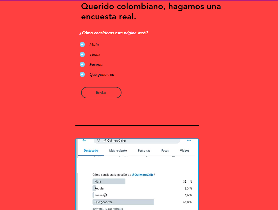 Red webpage asking a survey question with radio options and a small poll results preview below