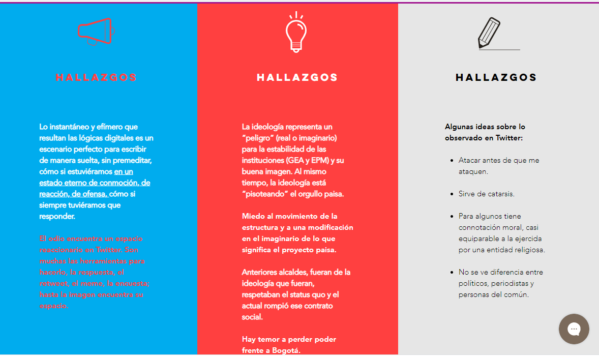 Three-column menu layout in blue, red, and white with icons and text sections