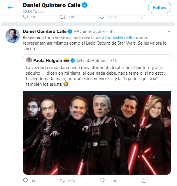 Tweet screenshot from Daniel Quintero Calle showing a post criticizing a Star Wars-themed image and a movie still below it.