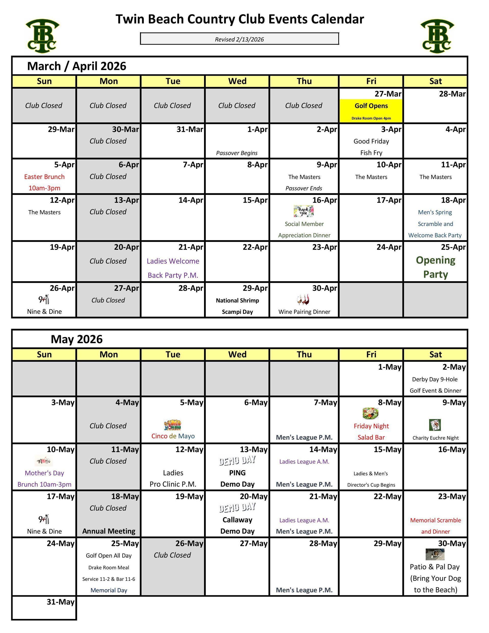 Twin Beach Country Club golf events calendar for April and May 2026 in a month grid layout