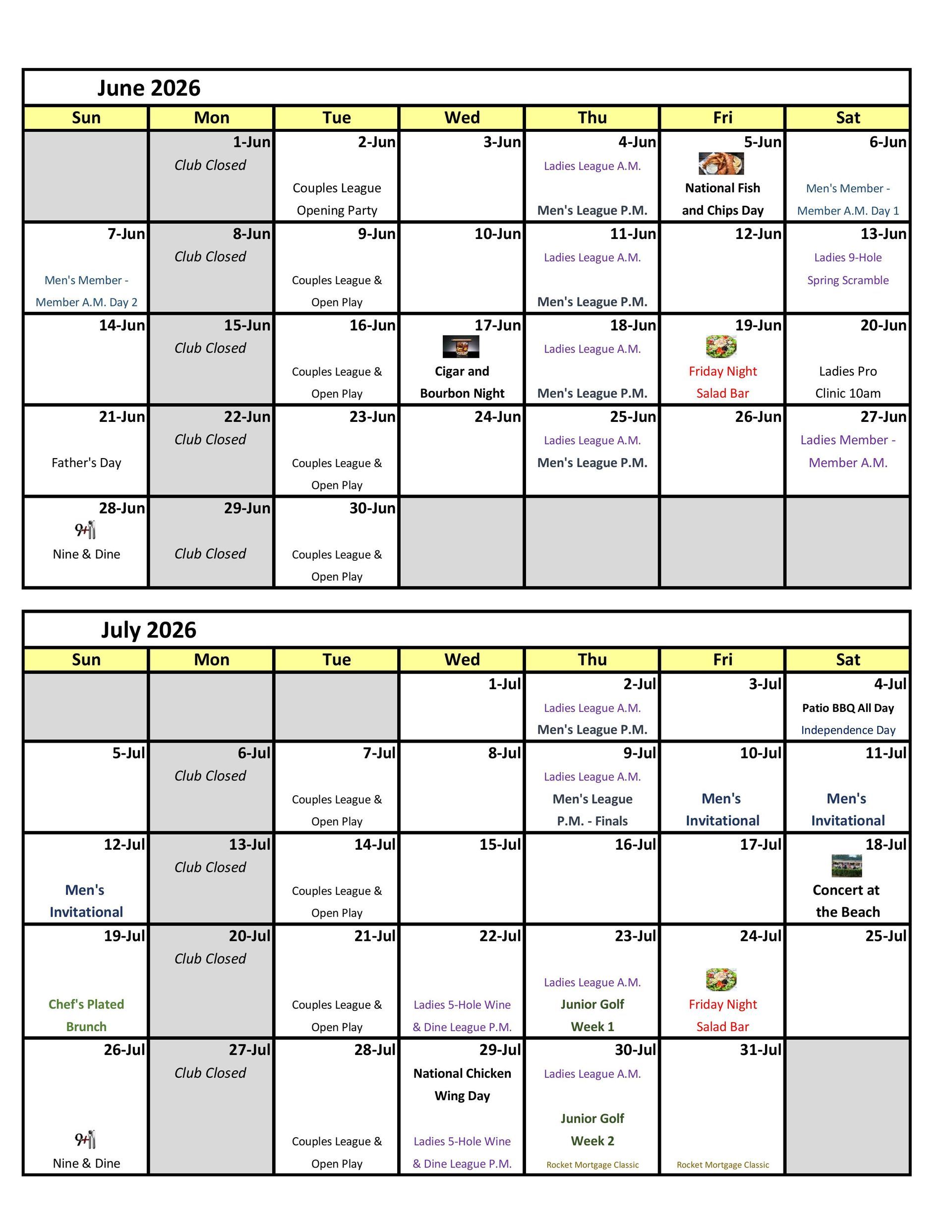 Twin Beach Country Club golf events calendar for April and May 2026 in a month grid layout