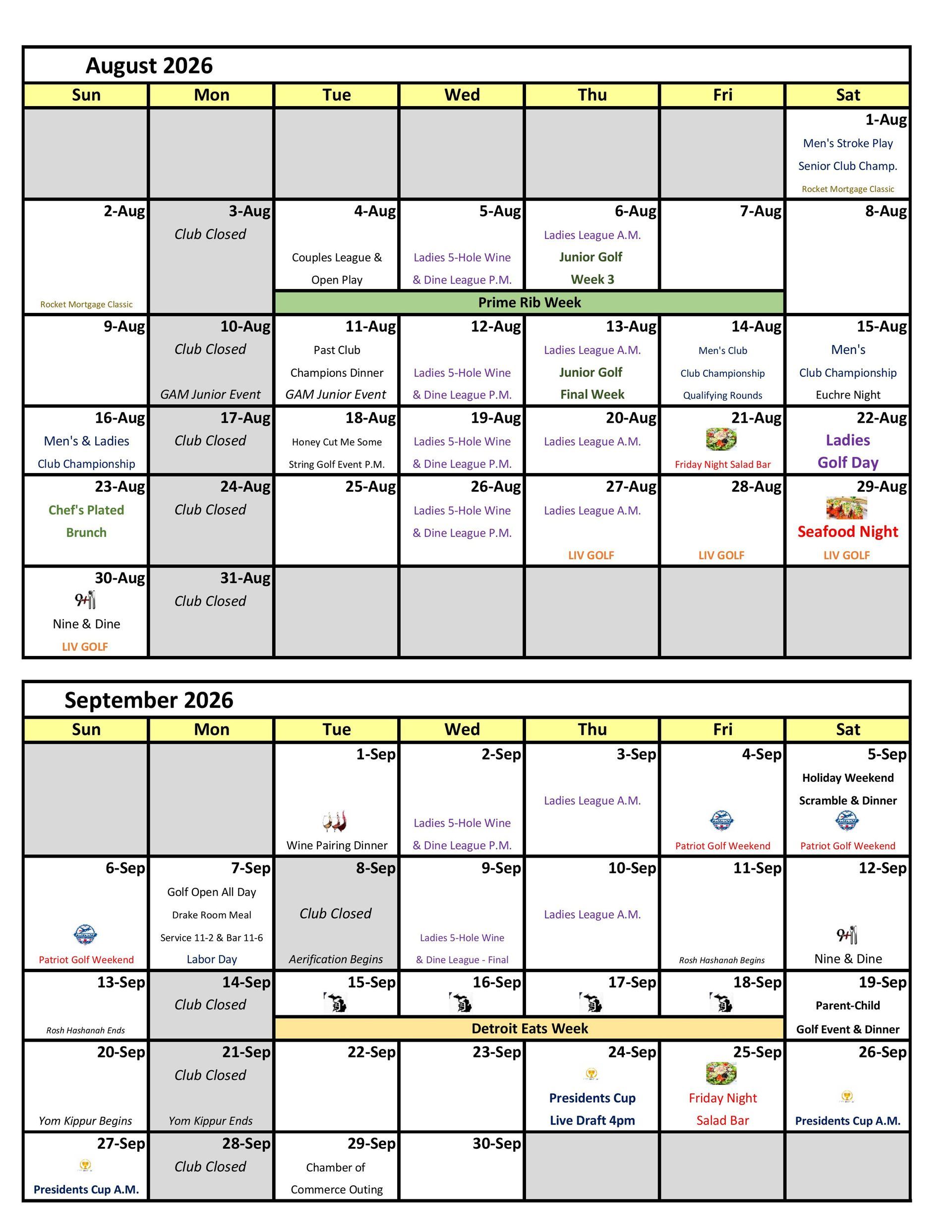 Twin Beach Country Club golf events calendar for April and May 2026 in a month grid layout