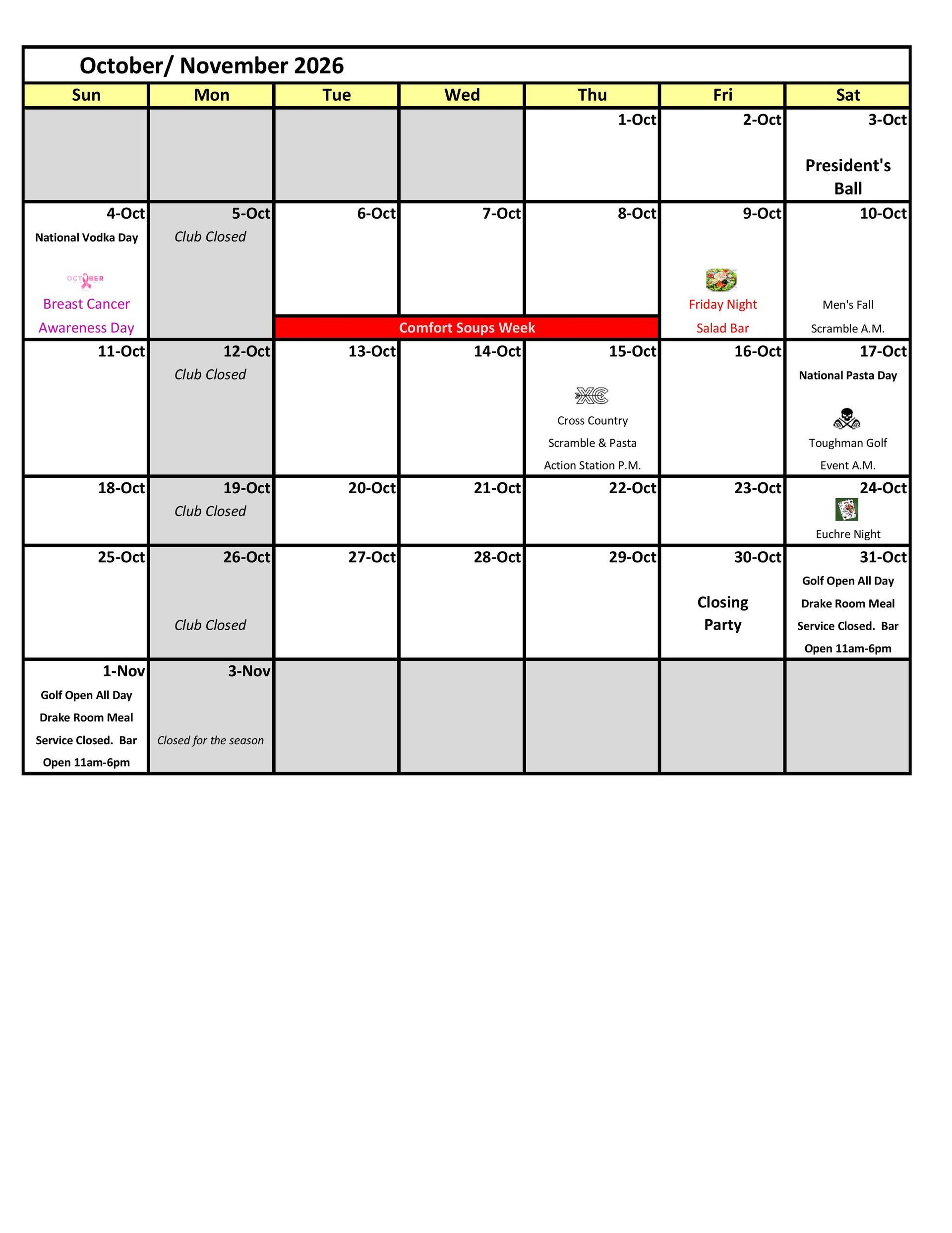 Twin Beach Country Club golf events calendar for April and May 2026 in a month grid layout