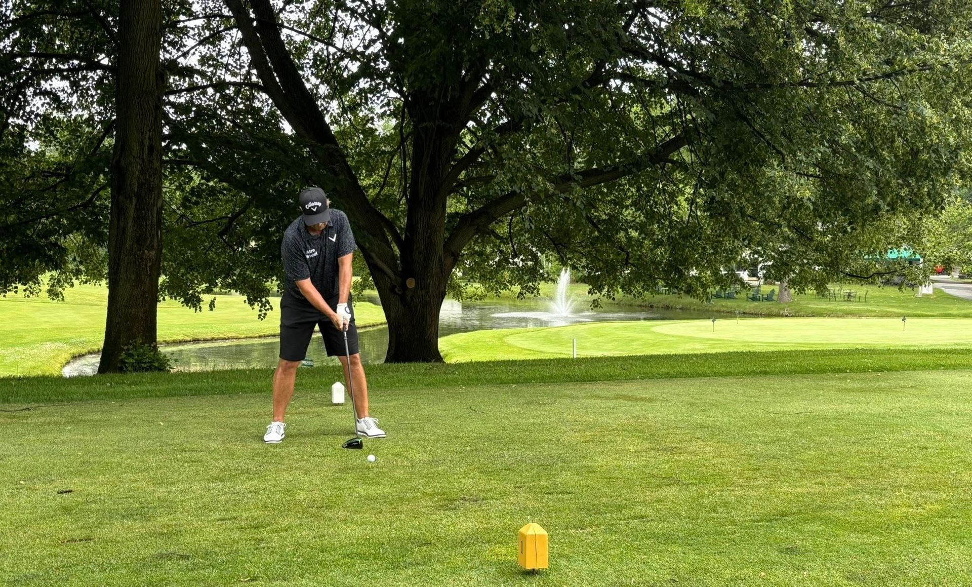 Golfer teeing off on a green, with a water feature and trees in the background.