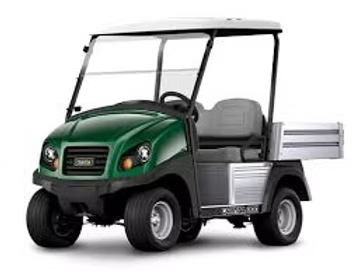 Green golf cart with a white roof and a cargo bed.