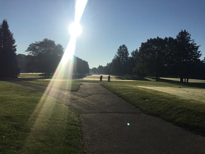 Sunlit golf course path, two figures walking in the distance, bright sky and trees.