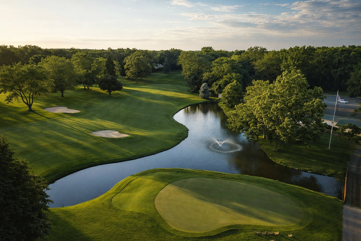 American and orange flags fly on a pole over a golf course with trees and a bridge.