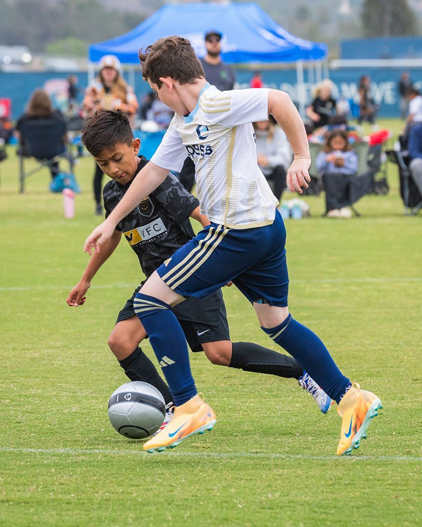 Soccer players, a black-clad player and blue-clad players, compete on a grassy field.