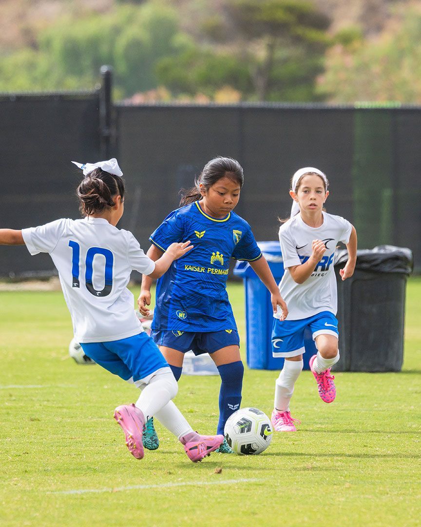 Two women playing soccer on a green field, one kicking the ball, cloudy sky.