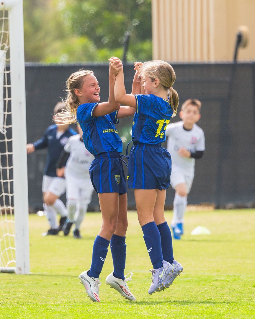 Two young girls playing soccer, competing for the ball on a green field.