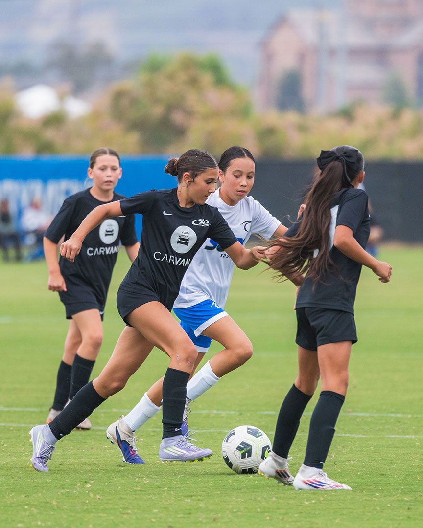 Two young soccer players battling for the ball on a green field. One in gray, the other in black