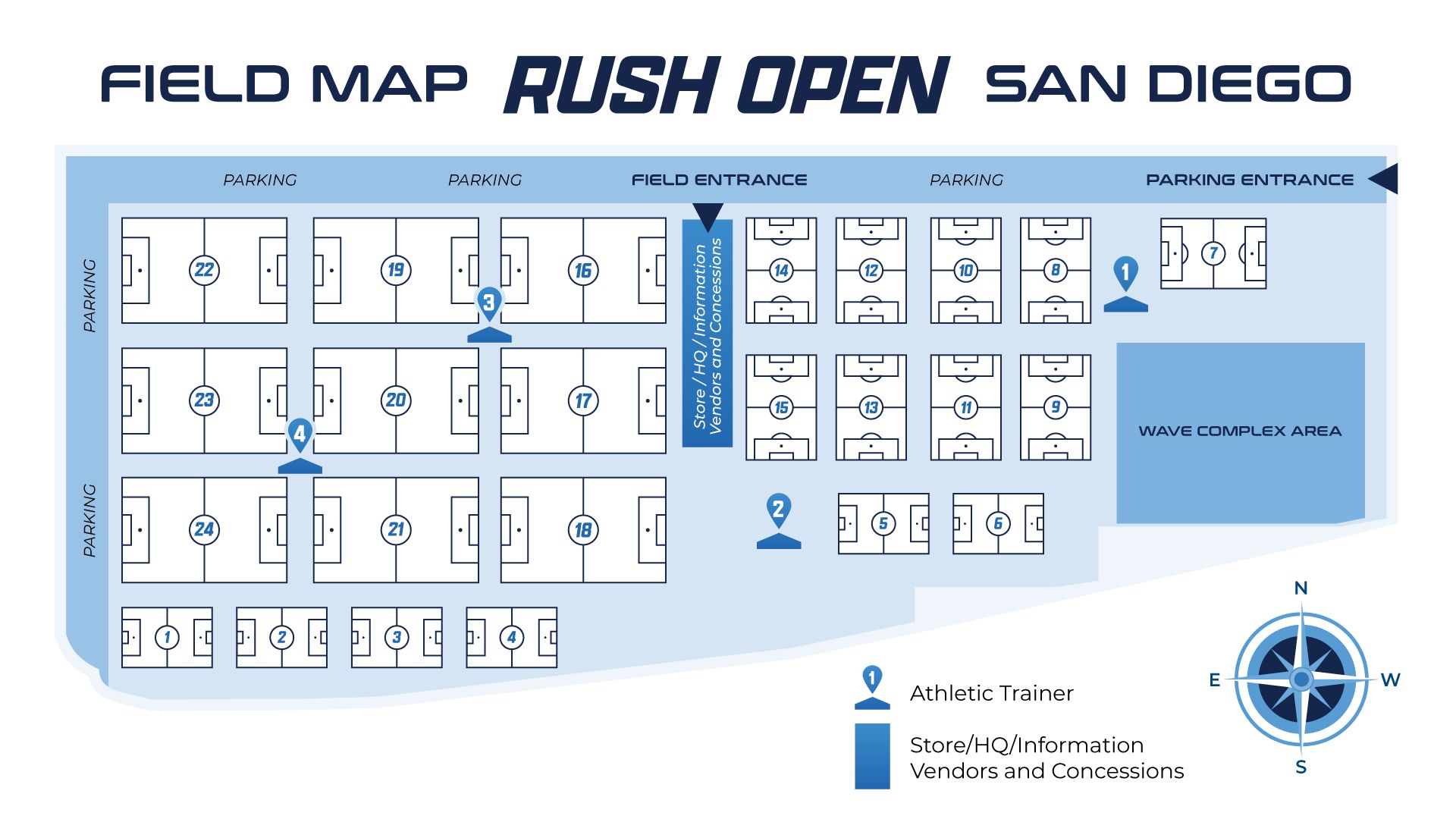 Rush Open San Diego field map with blue court layout, seating, entrances, restrooms, and compass icon.