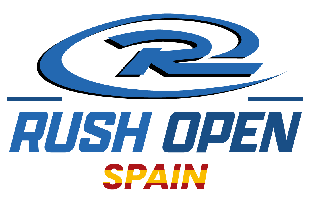 Logo for the Rush Open Spain. Blue text and emblem over the Spanish flag.