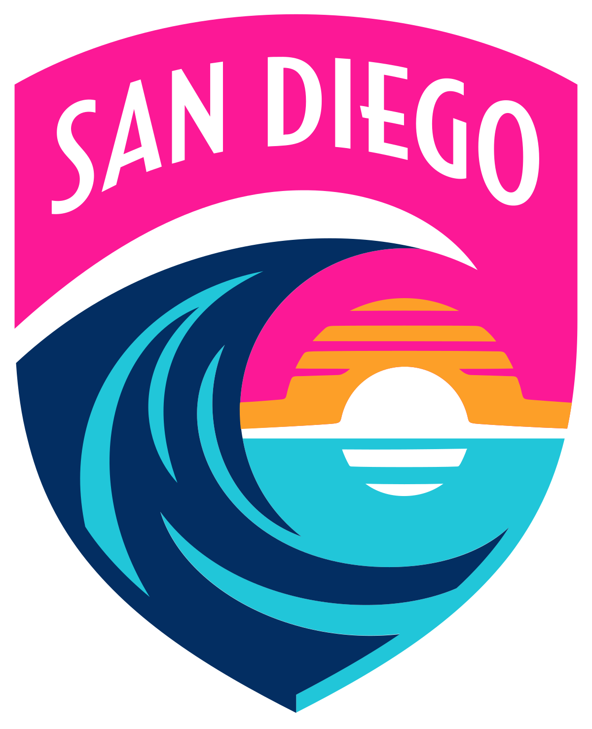 San Diego logo with colorful wave and sunset over the ocean