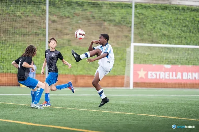 Soccer player kicking ball mid-air, with two other players on a green field.