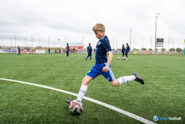 Boy in blue kicking a soccer ball on a green field, with other players in the background. Cloudy day.