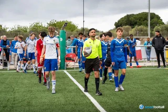 Soccer players and referee walk onto the field. Cloudy sky, green grass, blue and white uniforms.