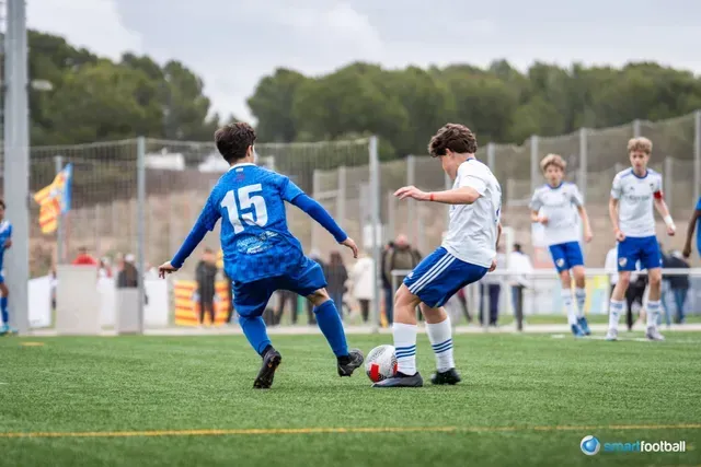 Soccer players in blue and white jerseys compete on a green field.