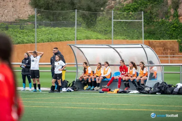 Soccer team on the sideline; players in orange and black jerseys, coach, bench, green field, overcast.