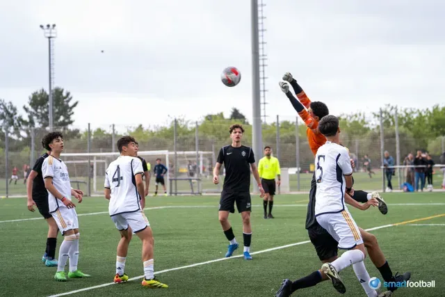 Soccer players in action, one jumping for a header, others watching, on a green field.