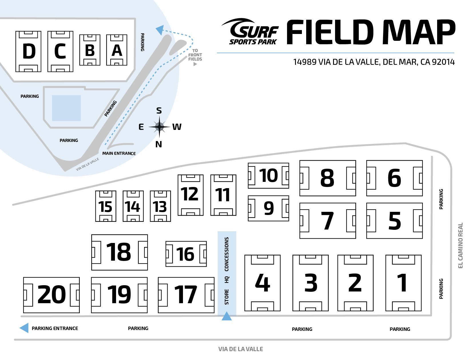 Field map of the Surf Sports Park, displaying 20 soccer fields, including a top-left area with fields labeled A, B, C, and D.