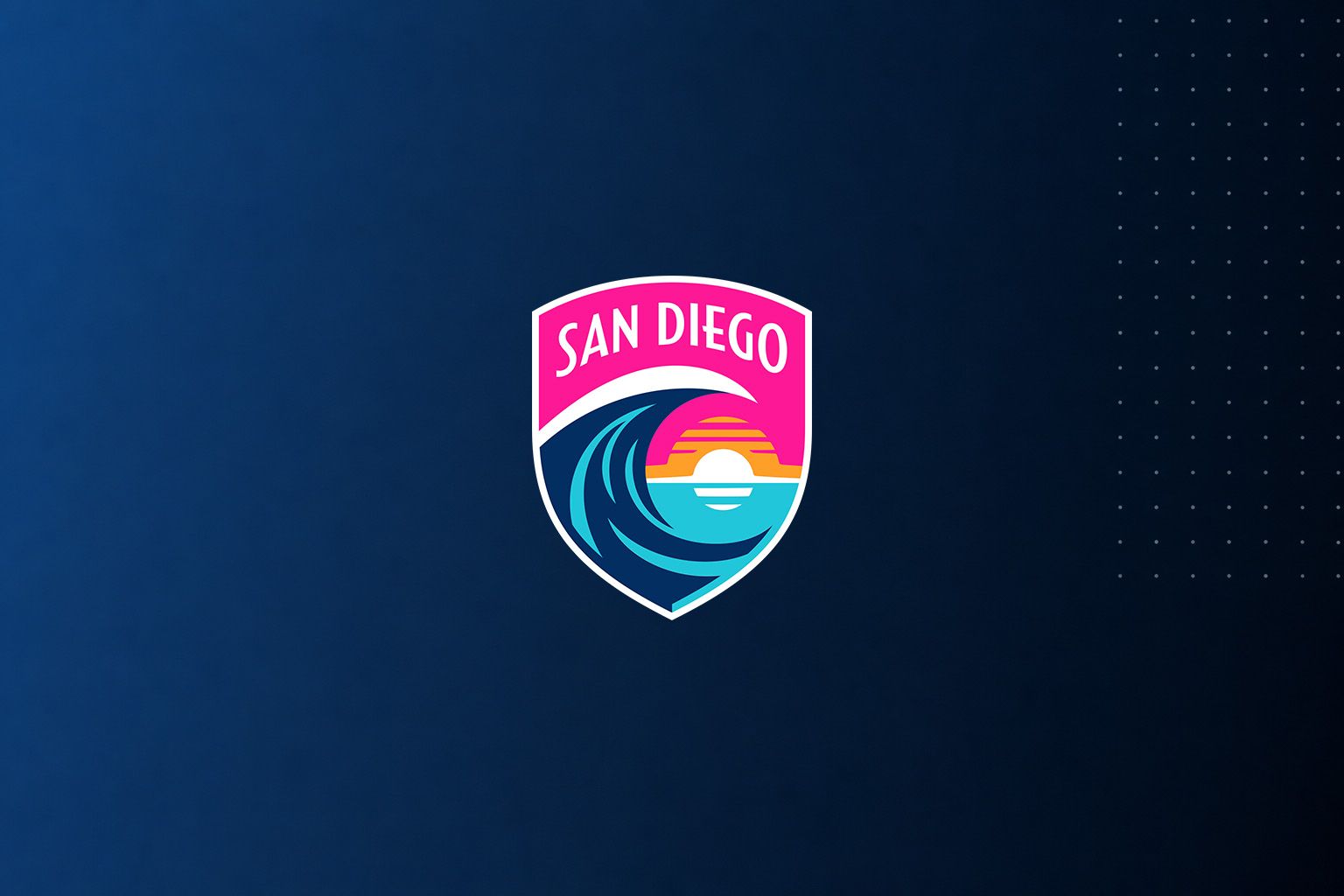 San Diego shield logo on a dark blue gradient background with a stylized sunset and wave design