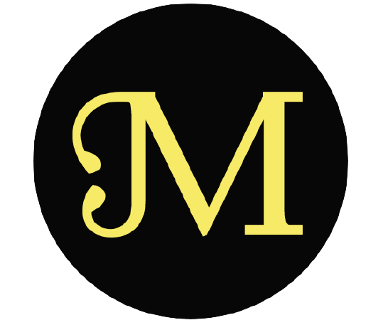 The letter m is in a black circle on a white background