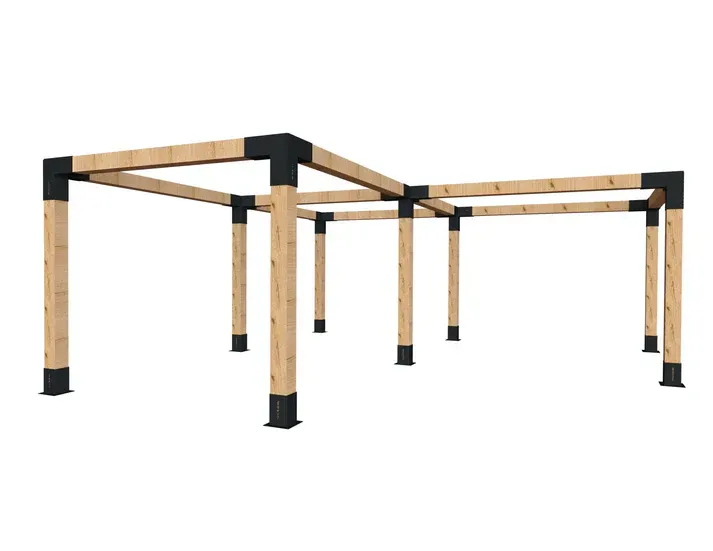 A 3d model of a wooden pergola on a white background.