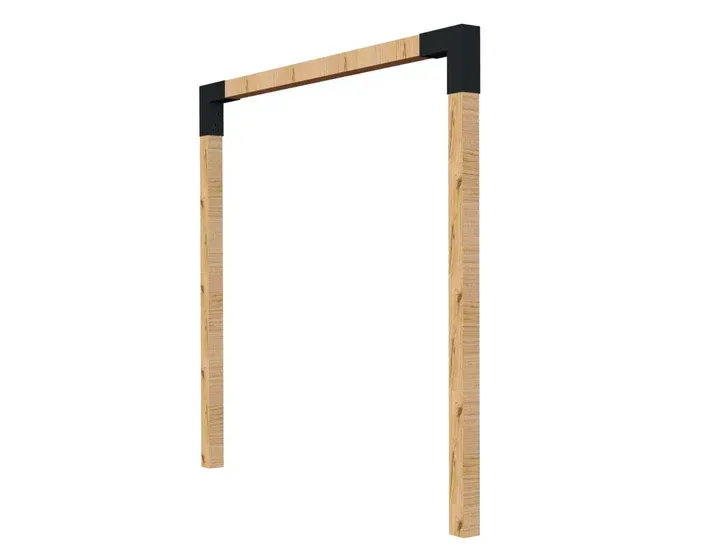 A wooden frame with a black corner on a white background.