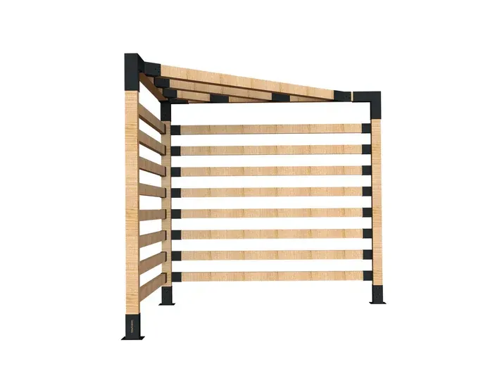 A wooden pergola with a black frame on a white background.