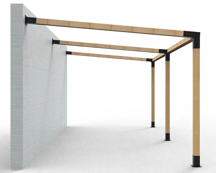 A wooden structure is attached to a concrete wall