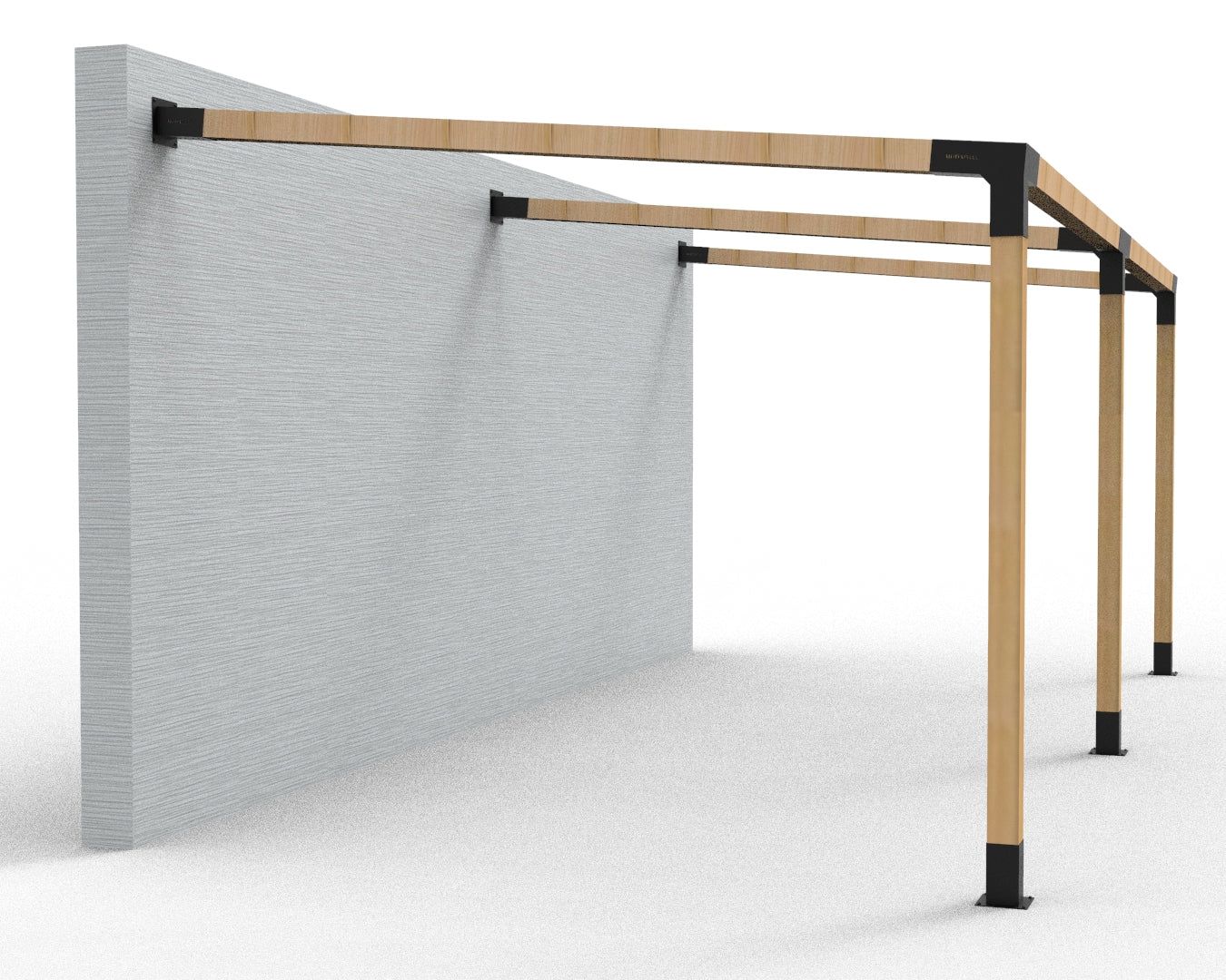 A wooden structure is attached to a concrete wall