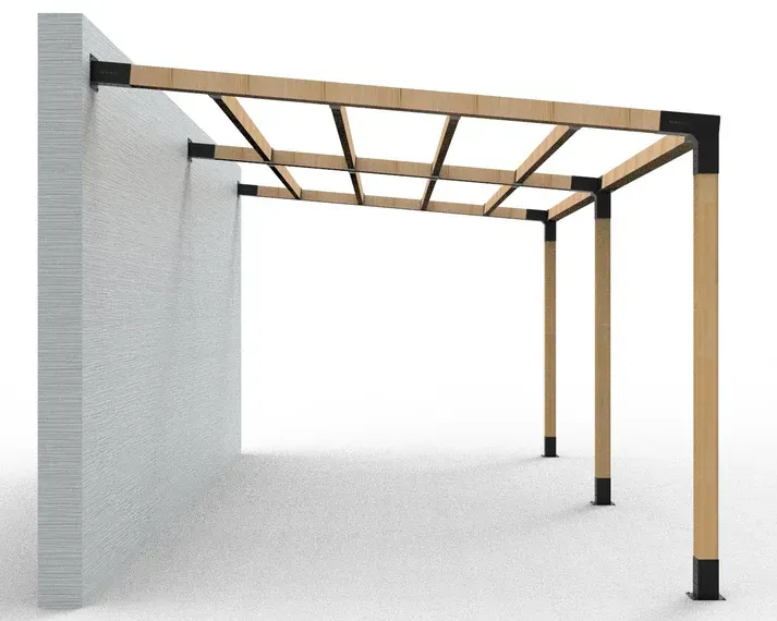 A wooden pergola is attached to a concrete wall