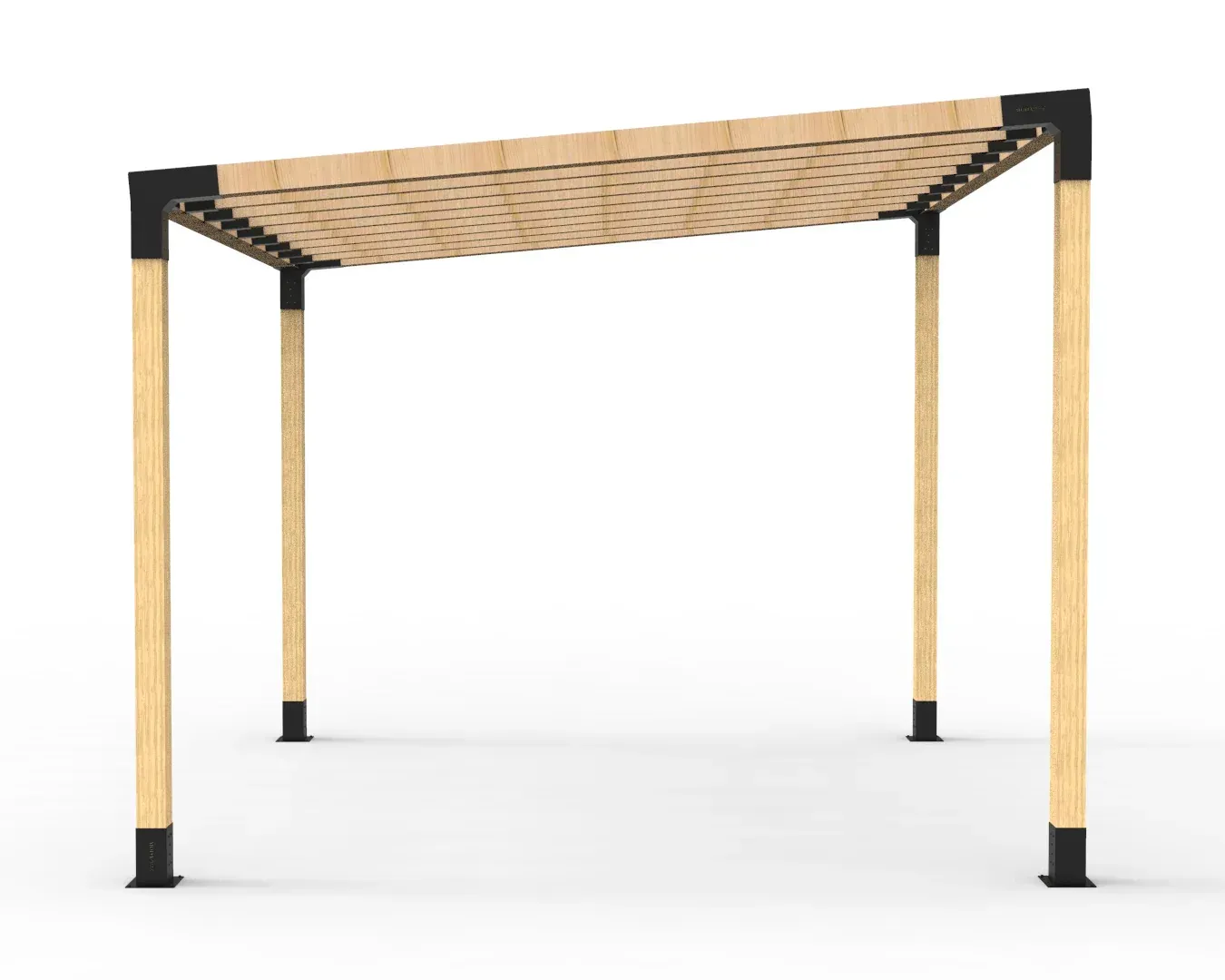A wooden pergola with a wicker roof on a white background.