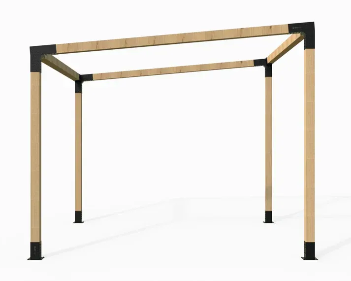 A wooden pergola with a black frame on a white background.