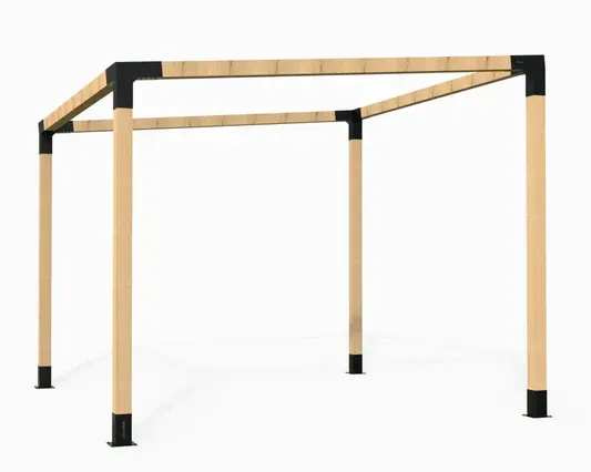A wooden pergola is sitting on top of a white surface.