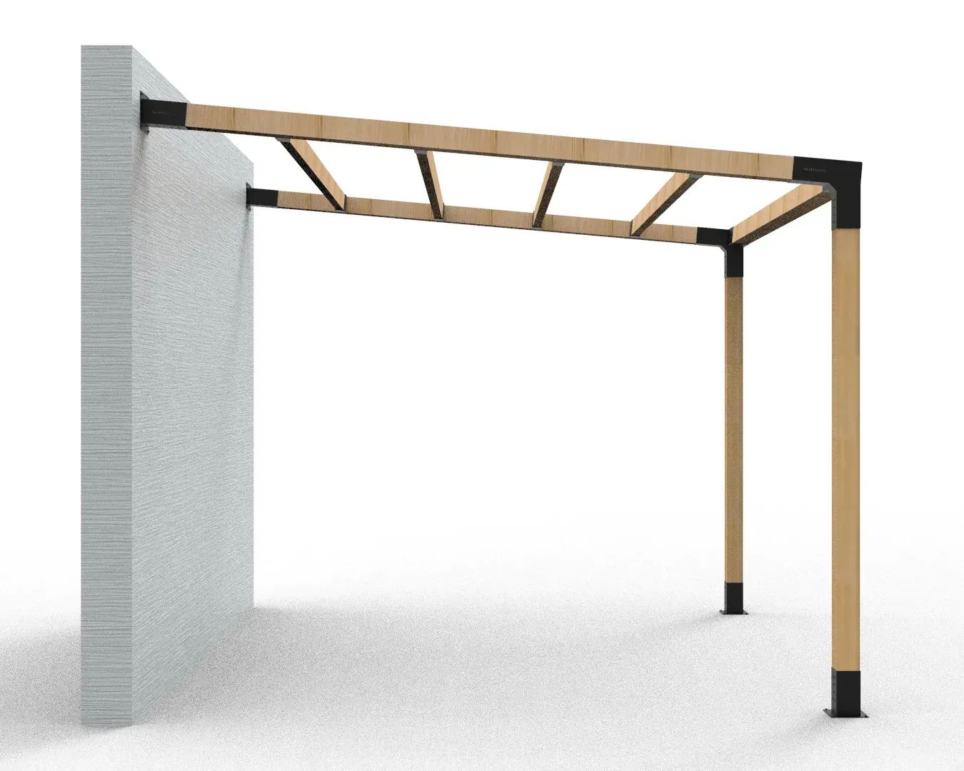 A wooden structure is attached to a concrete wall